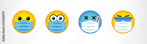 Set of emoji faces in medical masks. Smiling yellow characters. Isolated abstract graphic design template. Greeting card concept. Cute emoticons for Stay Home banner. World Smile Day 2020 congrats.