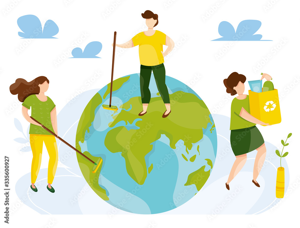 Ecology concept. People take care about planet ecology. Protect nature and ecology banner. Earth day. Globe with trees, plants and volunteer people. Vector illustration