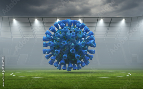 Empty stadium without spectators due to corona virus with virus as soccer ball  3D Rendering 