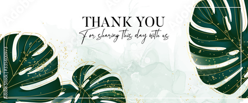Monstera evergreen tropical palm leaves, jungle rainforest paradise leaves with gold glitters luxury vector floral design template. Old vintage marble ink horizontal background in vector