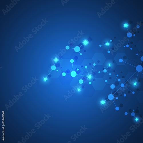 Abstract background of molecular structures. Molecules or DNA strand, genetic engineering, neural network, innovation technology, scientific research. Technological, science and medicine concept.