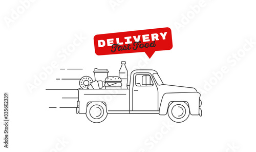 Food delivery old-fashioned retro truck full of food on the pick up truck body moving with fast speed to the customer. Line vector illustration with promo text for fast food courier service