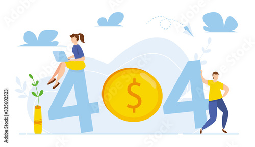 Modern vector illustration of 404 error. Page not found concept. Business concept of economic decline. Coin. Disconnection from the internet. Sad people without connection