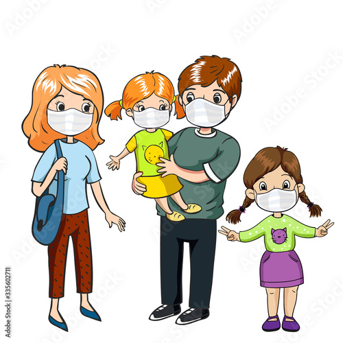 Family wearing protective masks. Coronavirus, covid-19 protection. Virus alert.