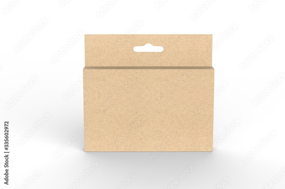 Hanging white blank cardboard packaging box with hang tab retail box for mock up design and design presentation. 3d render illustration. Hanging white blank cardboard packaging box with hang tab retail box for mock up design and design presentation. 3d render illustration.