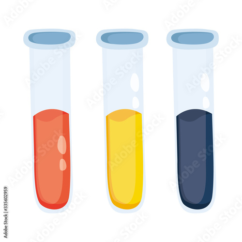 Set of medical tube with blood, urine and vaccine. Disease vaccine. Medical laboratory tools. llustration of a flask with blood components. Test in tube. Isolated on white background. Vector.