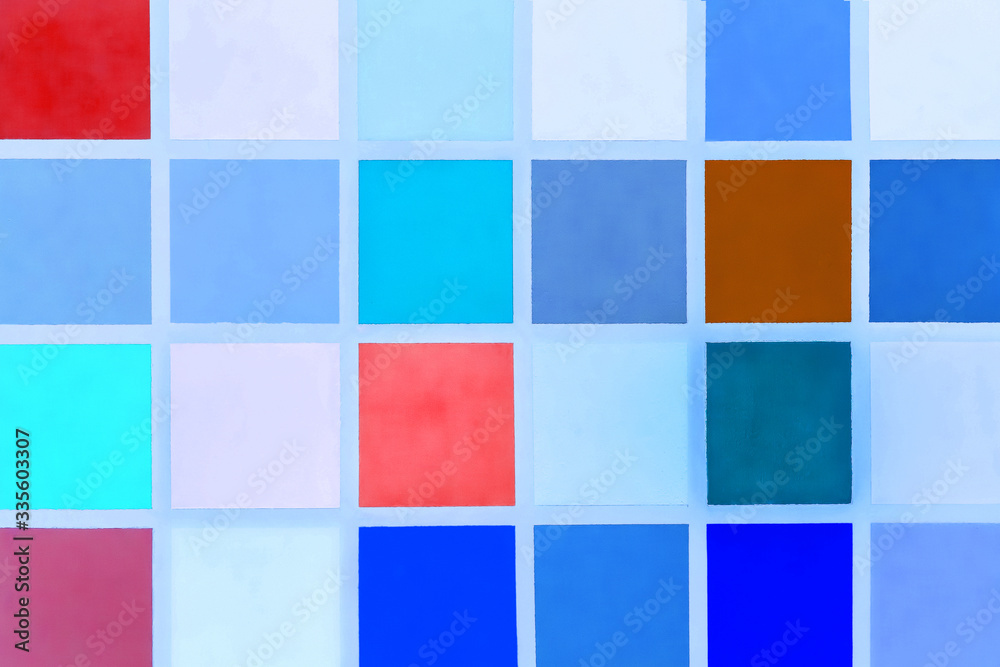 Samples of different shades of color in a square texture, colorful cold blue abstract mosaic background