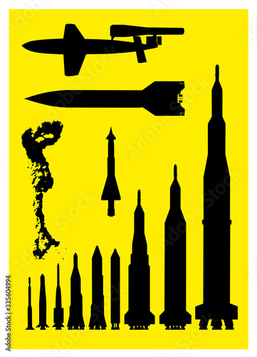 Bombs, missiles, smoke, explosion and rockets set, collection. Black war vehicles silhouettes on a yellow background.