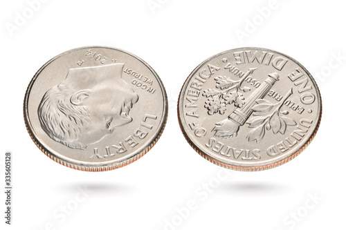 Obraz na plátně Both sides of ten US cents or dime coin isolated on white background