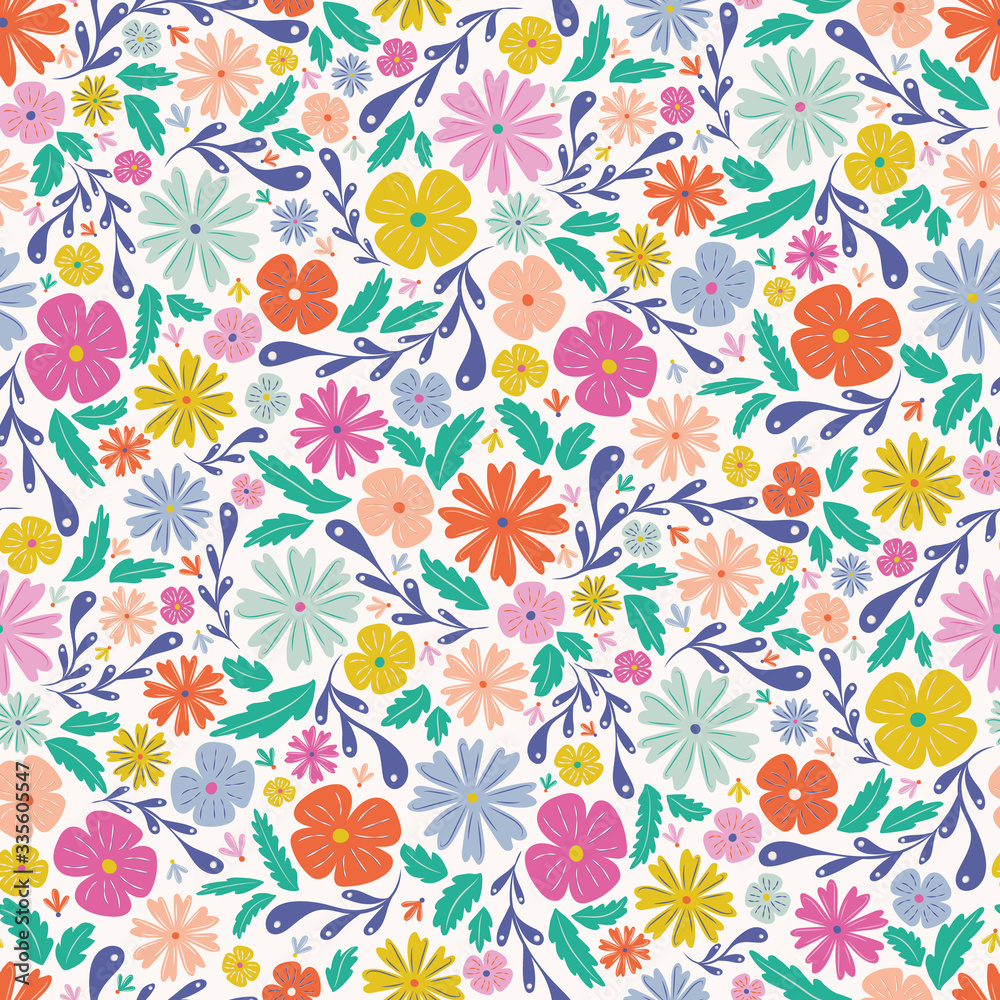 Colourful scattered floral seamless repeat vector pattern. Great for paper products and stationery such as invitations, notebooks and party items. Would be great for gift and home ware products such