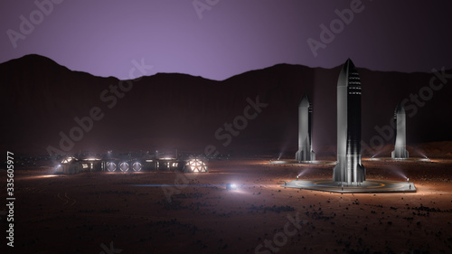 Photo A depiction of a base on a hostile and barren planet