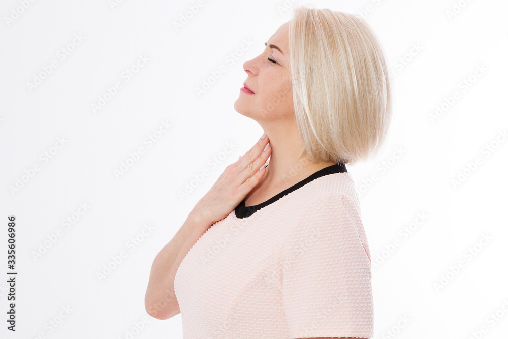Sore throat woman, middle age woman suffer sore throat pain and touching her heck, female cold Sore throat woman, middle age woman suffer sore throat pain and touching her heck, female cold