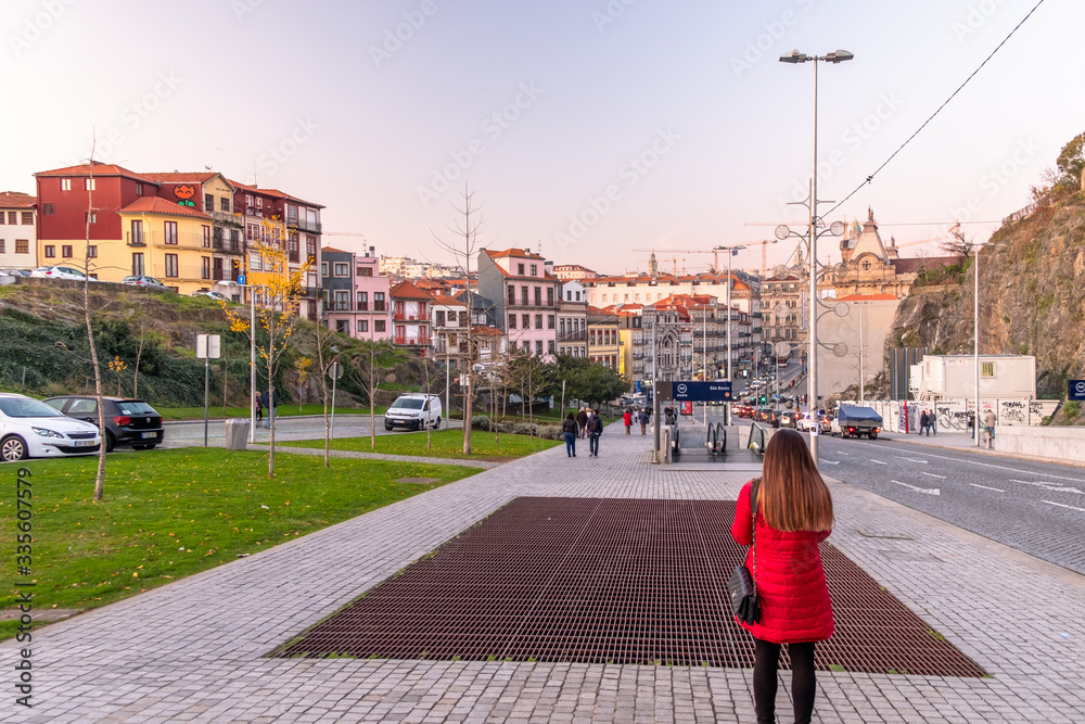 Woman in Red Coat, near to Metro Station, Oporto, Portugal
