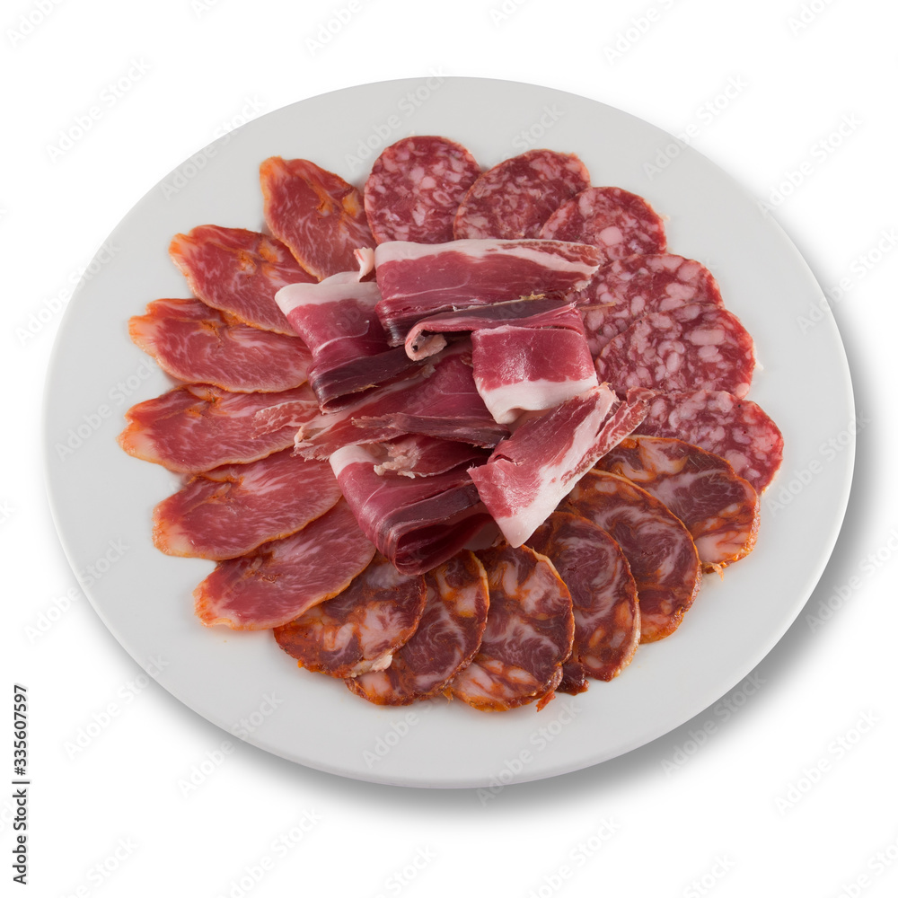 Assortment plate of sausages with ham, chorizo, salami and pork loin. Assortment plate of sausages with ham, chorizo, salami and pork loin.