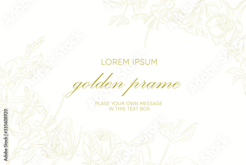 Wedding marriage event invitation card template. Wild rose rosa canina dog rose garden flowers. Detailed outline drawing. Rectangular border frame with text placeholder. Luxury bright shiny golden.