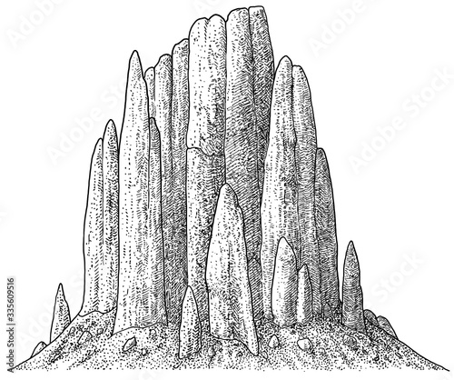 Mountain illustration, drawing, engraving, ink, line art, vector