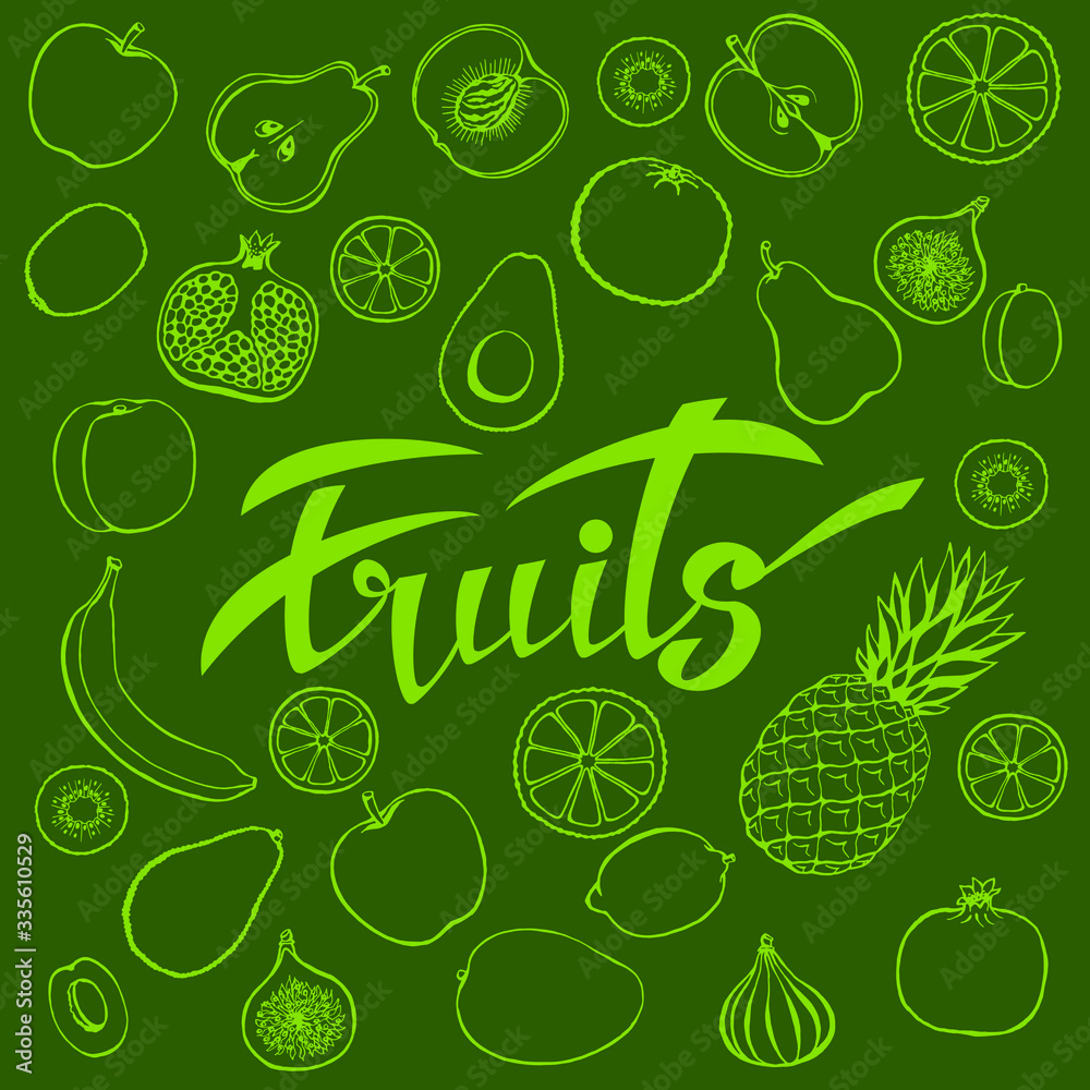 Vector background of healthy food. Poster or banner with hand-made fruit and lettering fruits. Vector background of healthy food. Poster or banner with hand-made fruit and lettering fruits.