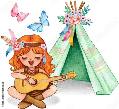 Cute watercolor ginger girl playing guitar and singing