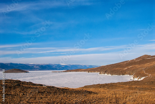 The frozen snow near the shores of lake Baikal Olkhon