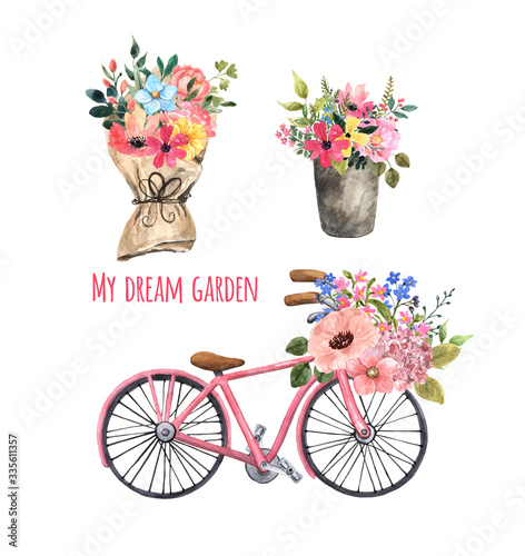 Watercolor summer elements set. Hand drawn cute pink bicycle with flower bask...