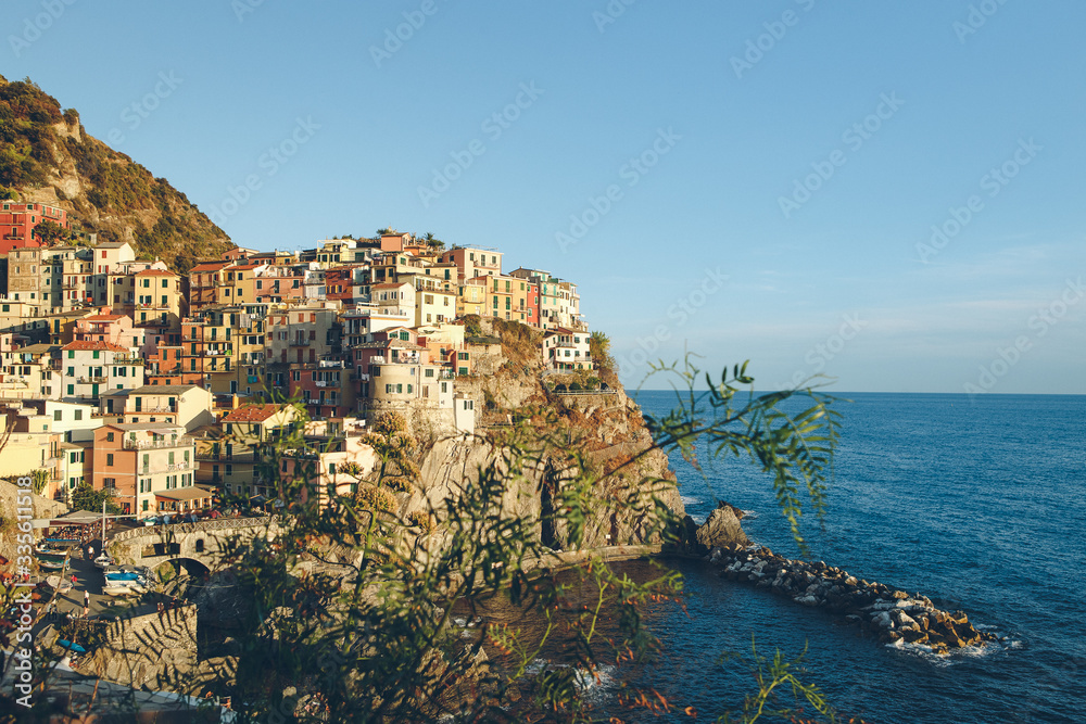 Cinque terra sea view. Houses, water and trees. Film color and little of film grain. 