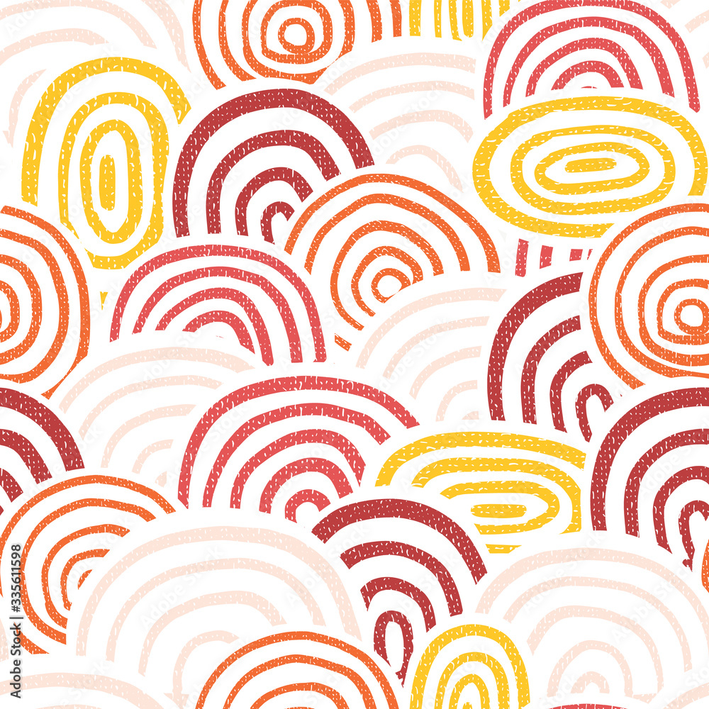Circle collage seamless vector background. Modern textured rainbow circle shapes pattern red pink orange white. Abstract repeating summer design. Modern layered backdrop. Circle collage seamless vector background. Modern textured rainbow circle shapes pattern red pink orange white. Abstract repeating summer design. Modern layered backdrop.