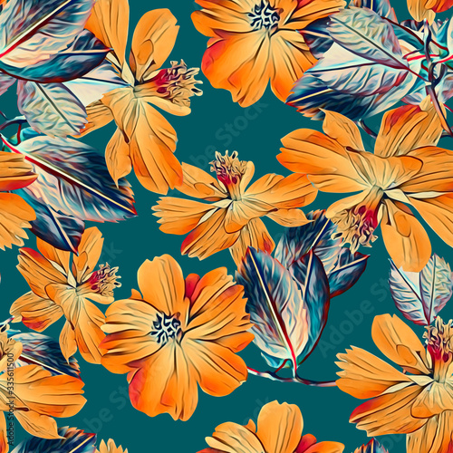 Daffodile flowers with leaves seamless pattern.