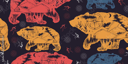 Bear double exposure. Seamless pattern. Packing old paper, scrapbooking style. Vintage background. Medieval manuscript, engraving art. Tourism symbol, adventure, great outdoor. Grizzly silhouette