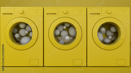 3d render of the three yellow washing machines with white spheres on yellow background. Kitchen appliances in single monochrome colors.