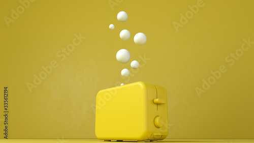3d render of the yellow toaster with white spheres on yellow background. Kitchen appliances in single monochrome colors.