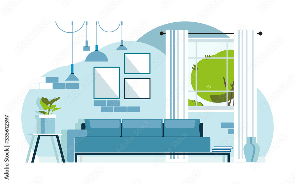 Naklejka premium Living room interior concept with furniture. Sofa with pillows, pictures in frame and flowers plants decoration. Big window with certains, ceiling lamp, coffee table, books. Vector flat illustration.