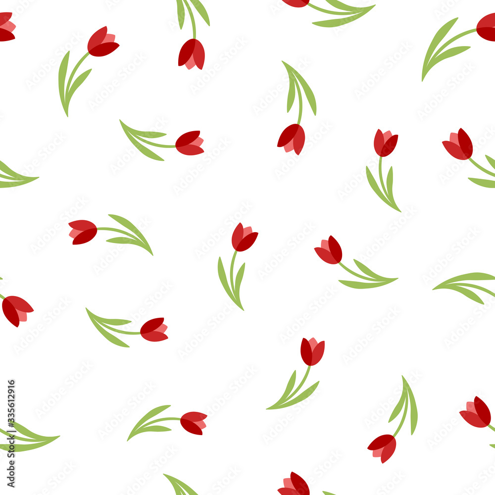 Floral Red Tulips Seamless Vector pattern on white background Floral Red Tulips Seamless Vector pattern on white background