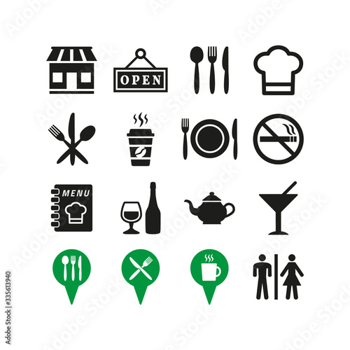 Restaurant and cafe icons set on white background.