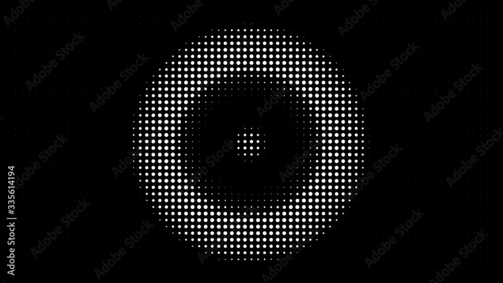 White polka dots against black background. Concentric growing circles seamless loop transition