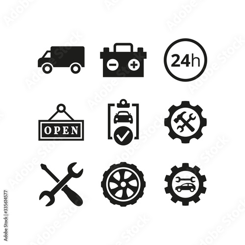 Car service and repair icons set on white background.