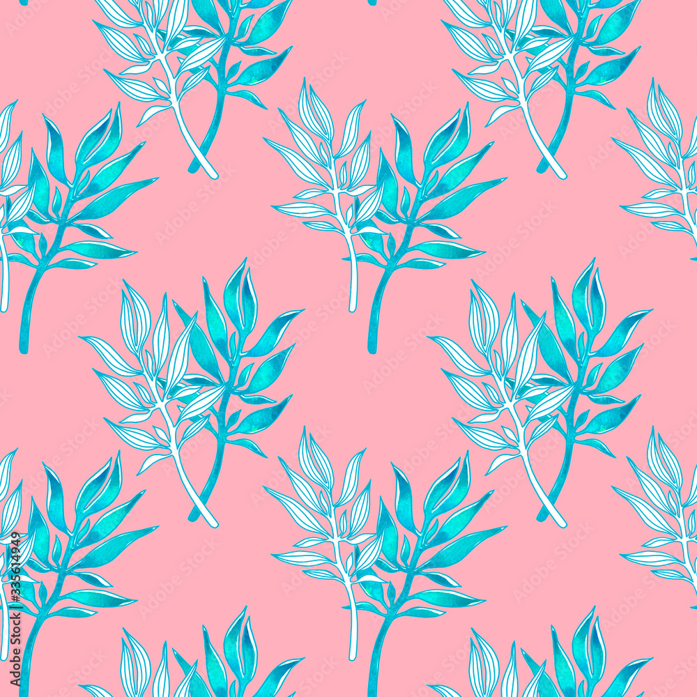 Floral seamless pattern with abstract blue leaves. Hand drawn style watercolour. Spring illustration on pink background. Floral seamless pattern with abstract blue leaves. Hand drawn style watercolour. Spring illustration on pink background.