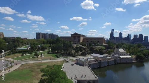 Philly aerial flying back from Fairmount Water Works on Schuylkill River with Philadelphia Art Museum city skyline photo