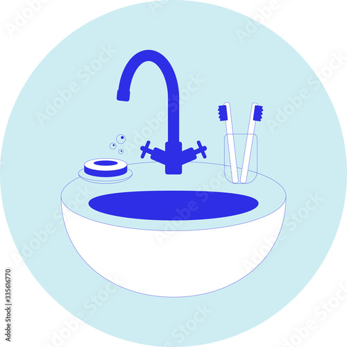 Bathroom sink with soap and toothbrush in minimalistic flat design style. Outline vector illustration of washbasin, hygiene and skincare routine in blue color for web