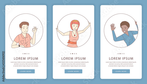 Virtual office, team building, training mobile app screens. People waving hello and showing ok sign.