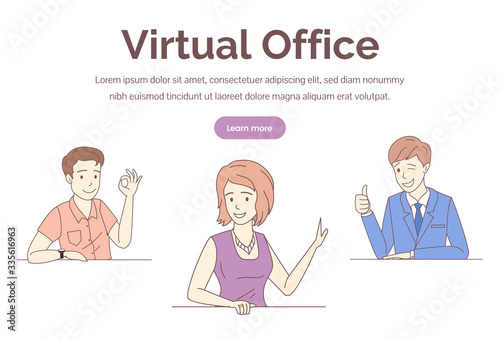 Virtual office web banner vector template. Training, distant work, freelance web page design.