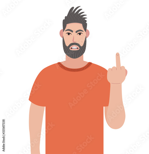 Handsome angry man showing off middle fingers. Obscene gesture. Vector illustration in cartoon style.
