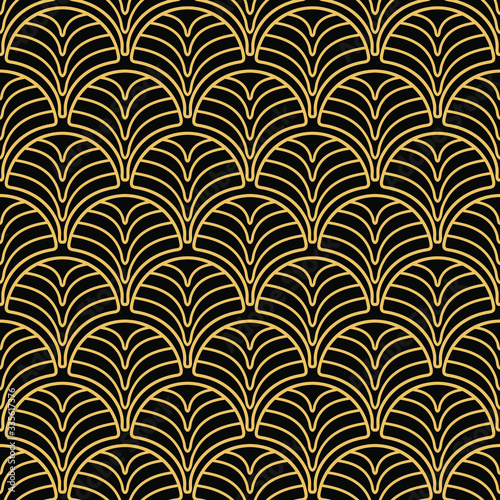 Seamless pattern in art Deco style. Geometric lines on the diagonal in the shape of a palm tree, minimalistic gold and black background