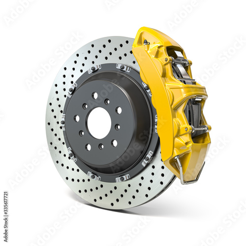 Car brake disk with caliper isolated on white background. Braking system.