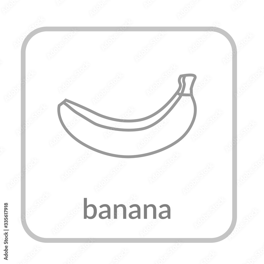 Banana icon. Gray outline flat sign, isolated white background. Symbol health nutrition, eco food tropical fruit. Contour shape. Sweet nutritious organic dessert. Cartoon design. Vector illustration Banana icon. Gray outline flat sign, isolated white background. Symbol health nutrition, eco food tropical fruit. Contour shape. Sweet nutritious organic dessert. Cartoon design. Vector illustration