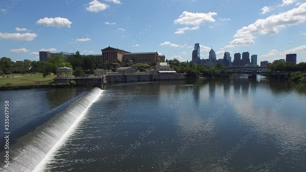 Philadelphia aerial flies over Schuykill River Fairmount Water Works and Art Museum Philadelphia aerial flies over Schuykill River Fairmount Water Works and Art Museum