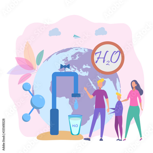 Shortage of fresh water, water treatment concept. Pure water, filtration. Colorful vector illustration.