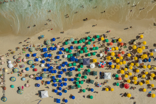 Drone shot of a crowded Ipanema beach in Rio de Janeiro Brazil