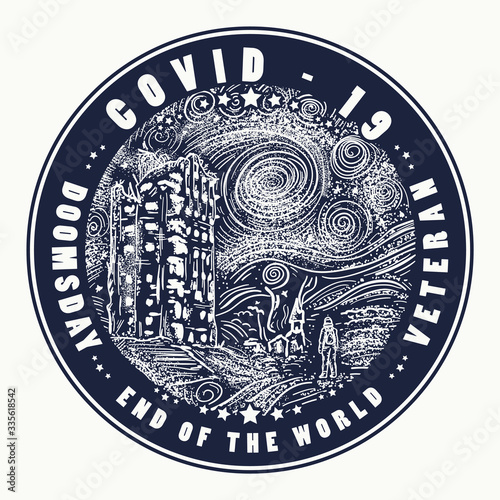 Coronavirus tattoo and t-shirt design. COVID-19. Man and ruins civilization. Epidemics and wars. Doomsday. Veteran. End of the world art