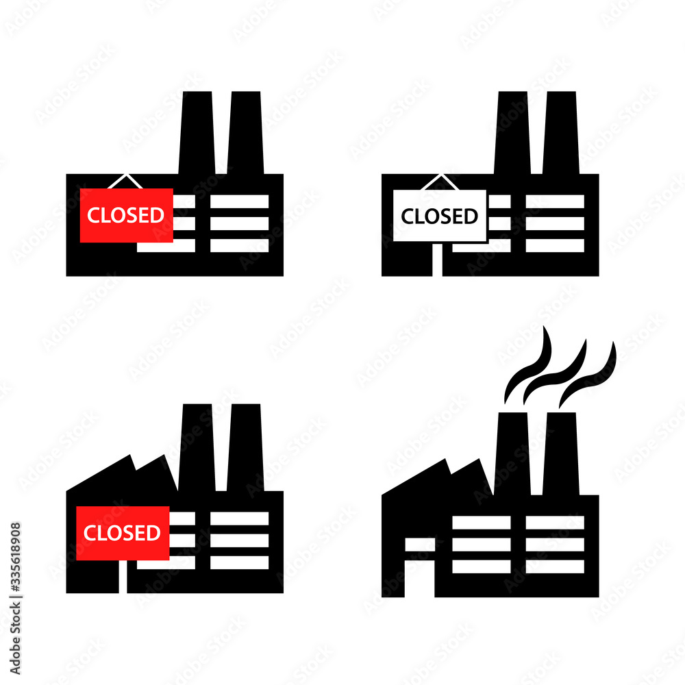 Industrial building factory or company icon with red poster closed and working pictogram set. Simple black flat style vector Industrial building factory or company icon with red poster closed and working pictogram set. Simple black flat style vector