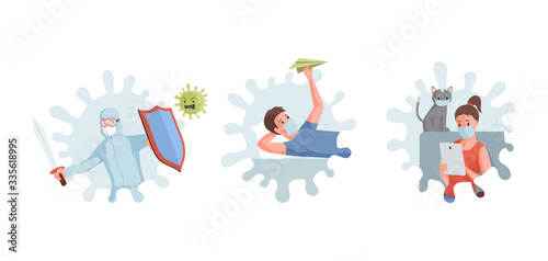 Stop Covid-19 vector flat illustration. People staying and working at home, medical worker fighting coronavirus.